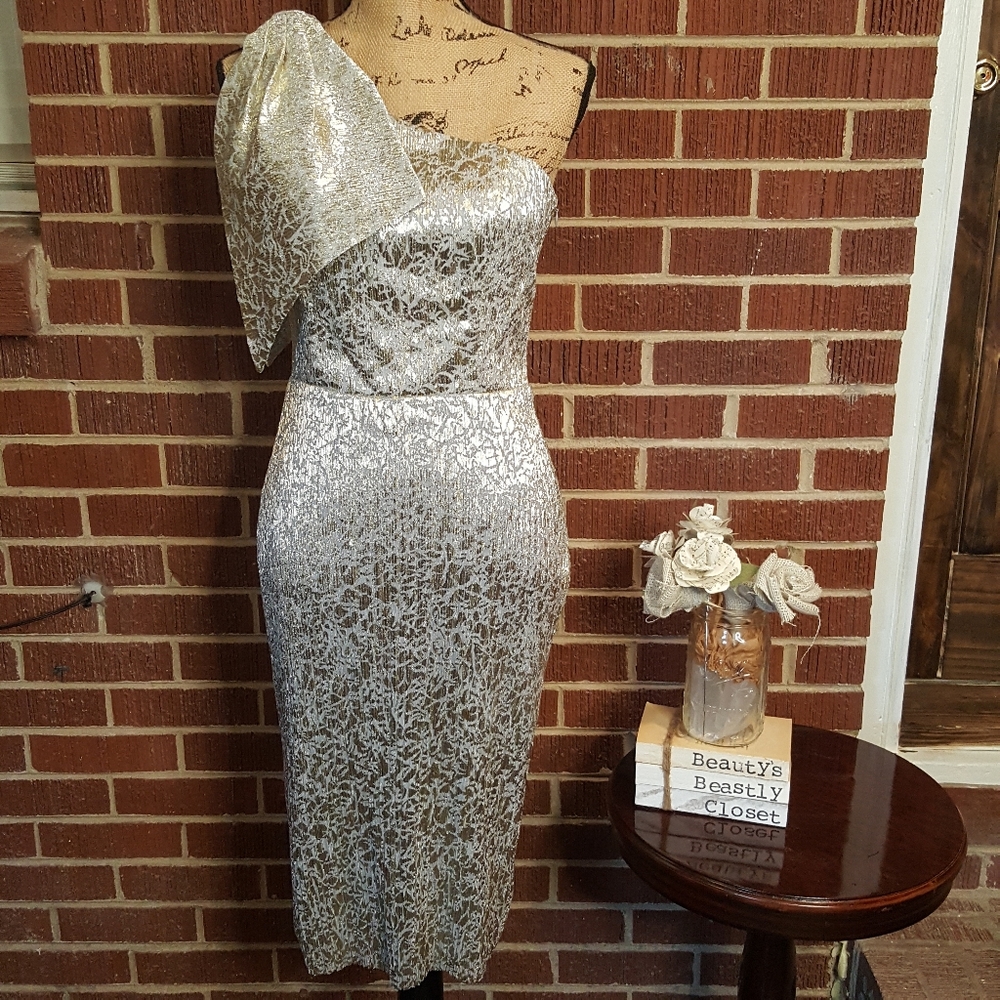 Betsy & Adam Foiled Pleated One Shoulder Dress NWT